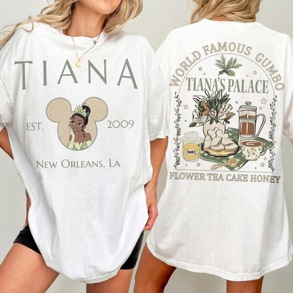 Disney Tiana_s Palace T-shirt, Princess Tiana Flower Tea Cake Shirt 2 Sided - Picture 1 of 4